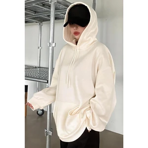 Kadın Kırık Beyaz Krem Ekru Düz Kapüşonlu Oversize 3 Iplik Şardonlu Salaş Bol Kesim Hoodie Sweatshirt