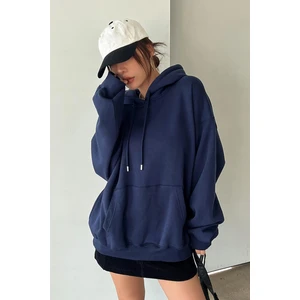 Kadın Lacivert Düz Kapüşonlu Oversize 3 Iplik Şardonlu Salaş Bol Kesim Hoodie Sweatshirt