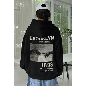 Kadın Siyah 1898 Brooklyn Baskılı 3 Iplik Şardonlu Kapüşonlu Oversize Salaş Bol Kesim Hoodie Sweatshirt