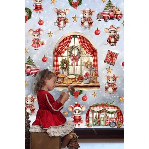 Sevimli Fareler Yılbaşı Yemeği Hazırlıklarında, Yeni Yıl Kış Konseptli Sevimli Stickerı Yılbaşı Süsü