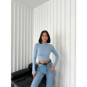 Kadın Yarım Balıkcı Yaka Fitilli Crop Bluz