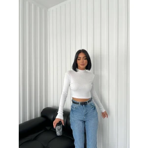 Kadın Yarım Balıkcı Yaka Fitilli Crop Bluz