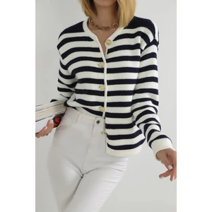 Kadın Siyah Çizgili Bisiklet Yaka Fitilli Gold Düğme Detaylı Triko Hırka