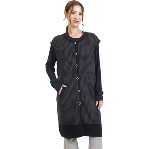Mutlu City Kadın Orta Yaş ve Üzeri Triko Örgü Düğmeli Kaz Ayağı Desenli Anne Uzun Yelek 366