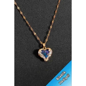 Trend Collection Kadın Paslanmaz Çelik Gold Zirkon Taşlı Mavi Kalp Kolye