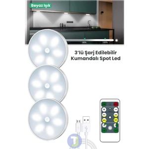 3 Adet Akıllı Hareket Sensörlü Kumandalı USB Şarj Kablosuz Spot LED Beyaz Işık Gece Lambası