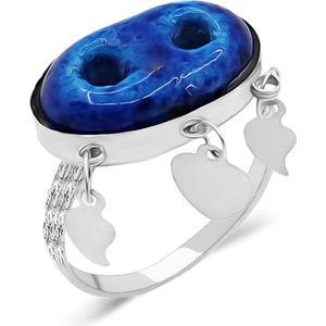 Mardin Midyat Boncuğu Yüzük İki Gözlü Mavi Taşlı Pullu Yüzük YZK-277