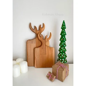 Atölyesi Ahşap Geyik Figürlü Kesme Tahtası Seti Ahşap Geyik Boynuzlu Sunum Tahtası Sunumluk 2'li