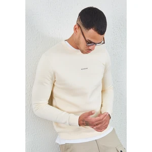 Bisiklet Yaka Basic Minimal Baskılı Sweat Ekru