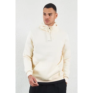 Kapüşonlu Basic Minimal Baskılı Sweat Ekru