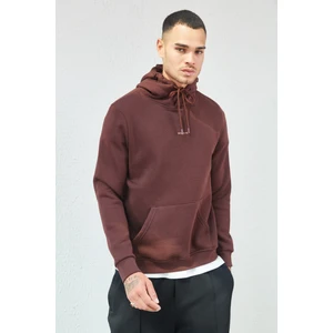 Kapüşonlu Basic Minimal Baskılı Sweat Kahve