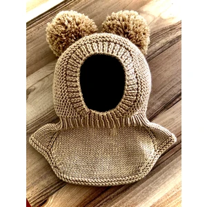 Çocuk Bebek Bej Kar Maskesi Balaklava Ponponlu Şapka