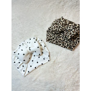 Masal Baby Kids Kız Bebek 2'li Saç Bonesi Siyah Kalp Desenli Beyaz Bone & Leopar Desenli Kız Bebek Bone