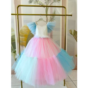 Kumsal's Kids Boutique Beyaz - Toz Pembe Rainbow Tarlatanlı Gelinlik Abiye