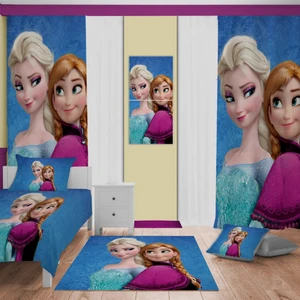 Frozen Elsa ve Anna Desenli Yatak Örtüsü, Perde Çift Taraf, Yastık, Kırlent Kılıfı , Halı ve Tablo