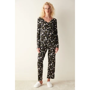 Blossom Printed Siyah Tişört Pijama Üstü