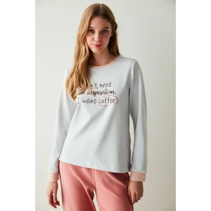 Gri Slogan Baskılı Termal Uzun Kollu Tişört Pijama Üstü