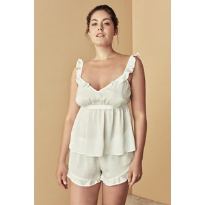 Beyaz Fırfır Detaylı Saten Atlet Pijama Üstü-gelin Koleksiyonu