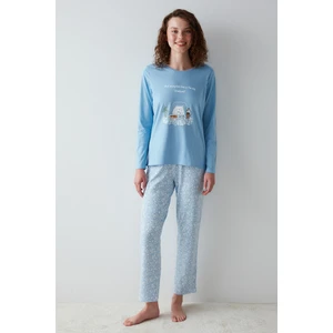 Kedi Baskılı Mavi Pijama Takımı