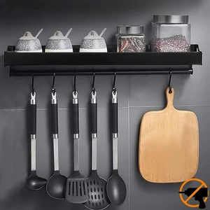 Baharat Rafı, 6 Çıkarılabilir Kancalı Duvara Monte Mutfak Eşyası Saklama Rafı, Deliksiz Mutfak Rafı Duvara Monte Tencere Tutucusu, Alüminyum, Paslanmaz, Siyah, 40 cm (Yurt Dışından)