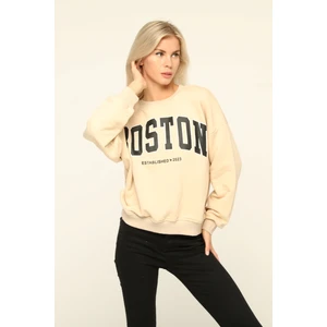 Owut Collection Bej Bisiklet Yaka Baskılı Sweatshirt