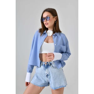 Mavi Çizgili Crop Gömlek