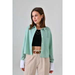 Yeşil Çizgili Crop Gömlek