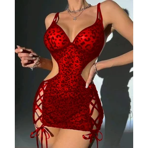 my cherie Leopar Flok Baskılı Bağlama Detaylı Elbise Gecelik Babydoll