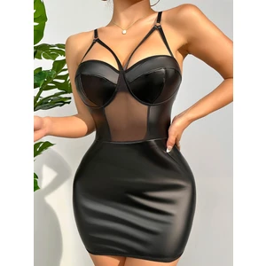 my cherie Biye Detaylı Siyah Deri Tül Seksi Mini Elbise