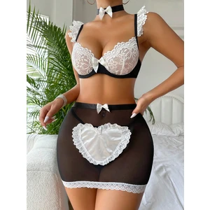 my cherie Kalp Detaylı Dantel Sütyen Etek String Hizmetçi Fantezi Kostüm Takım