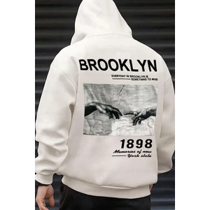 Erkek Kırık Beyaz Krem Ekru 1898 Baskılı Kapüşonlu Oversize 3 iplik Şardonlu Salaş Bol Kesim Hoodie Sweatshirt