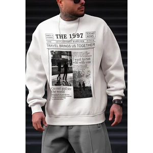 Erkek Kırık Beyaz Krem Ekru 1997 Baskılı 0 Sıfır Yaka Oversize Salaş Bol Kesim Polar Sweatshirt