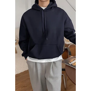 Erkek Lacivert Düz Kapüşonlu Oversize 3 Iplik Şardonlu Salaş Bol Kesim Hoodie Sweatshirt
