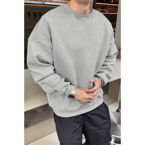 Erkek Düz Gri Basic Baskısız Sıfır Bisiklet Yaka Oversize Salaş Sweatshirt Sweat