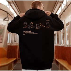 Amor Man Büyük Beden Özel Tasarım Kapüşonlu Cutecat Sırt Baskılı 3 Iplik %100 Pamuk Erkek Sweatshırt