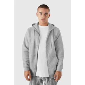 Erkek Gri Melanj Kapüşonlu Fermuarlı 3 Üç Iplik Polar Kanguru Oversize Sweatshirt Zip Up Hoodie