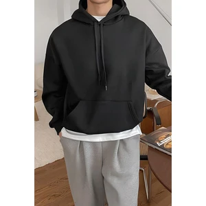 Erkek Siyah Düz Kapüşonlu Oversize 3 Iplik Şardonlu Salaş Bol Kesim Hoodie Sweatshirt
