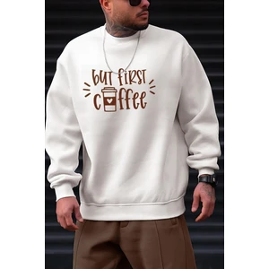 Erkek Kırık Beyaz Krem Ekru But First Coffee Baskılı 0 Sıfır Yaka Oversize Salaş Bol Kesim Polar Sweatshirt
