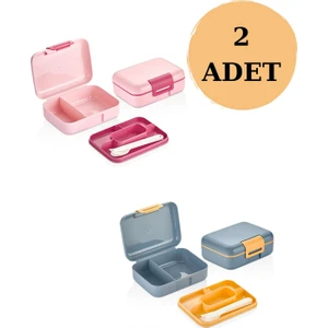 2'li Kendinden Kaşıklı 5 Bölmeli 2 Katlı Beslenme Kutusu Pembe-Mavi