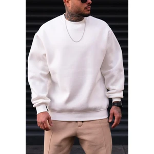 Erkek Düz Kırık Beyaz Krem Ekru Basic Baskısız Sıfır Bisiklet Yaka Oversize Salaş Sweatshirt Sweat