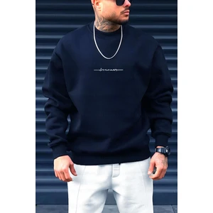 Erkek Lacivert Dreamer Baskılı 0 Sıfır Yaka Oversize Salaş Bol Kesim Polar Sweatshirt
