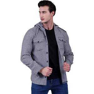 Exve Exclusive Siyah Beyaz Kazayağı Desenli Kapüşonlu Çift Cep Yünlü Kışlık Oduncu Ceket Gömlek