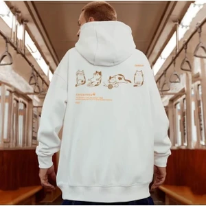 Amor Man Büyük Beden Özel Tasarım Kapüşonlu Cutecat Sırt Baskılı 3 Iplik Şardonlu %100 Pamuk Erkek Sweatshırt