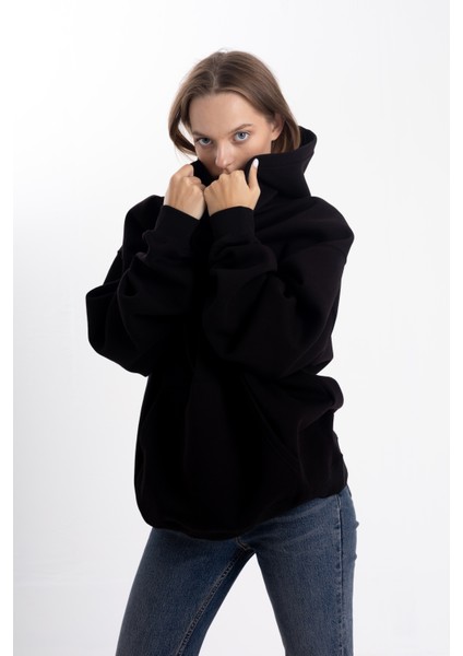 Unisex Oversize Siyah Kapşonlu Sweatshirt