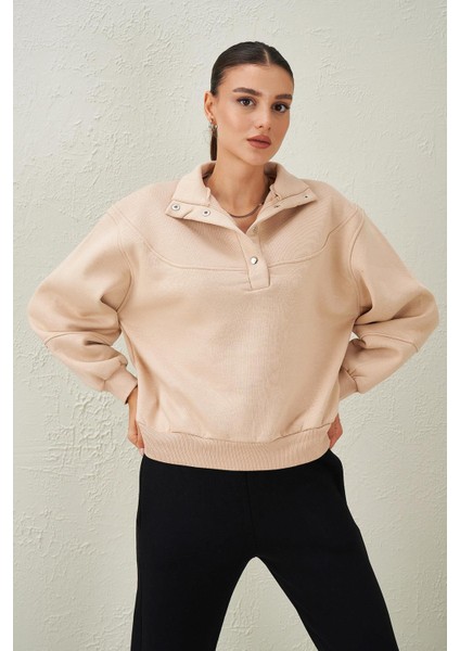 Tena Moda Kadın Taş Dik Yaka Önü Çıtçıtlı Üç Iplik Sweatshirt