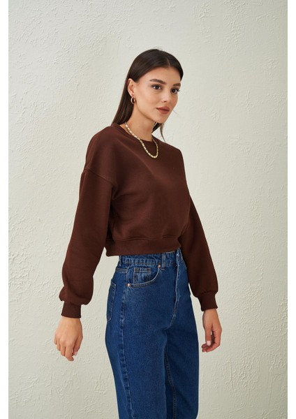 Tena Moda Kadın Kahve Bisiklet Yaka Üç Iplik Oversize Crop Sweatshirt modelleri