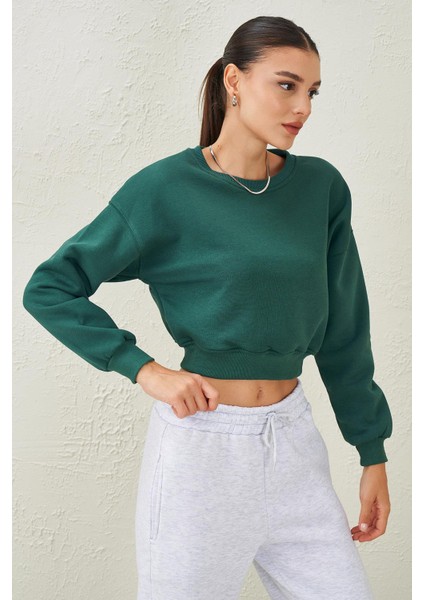 Tena Moda Kadın Nefti Bisiklet Yaka Üç Iplik Oversize Crop Sweatshirt