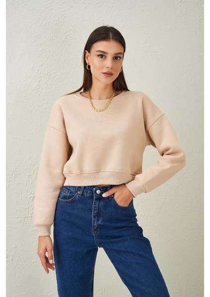 Tena Moda Kadın Taş Bisiklet Yaka Üç Iplik Oversize Crop Sweatshirt