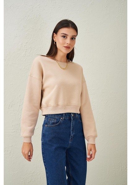 Tena Moda Kadın Taş Bisiklet Yaka Üç Iplik Oversize Crop Sweatshirt