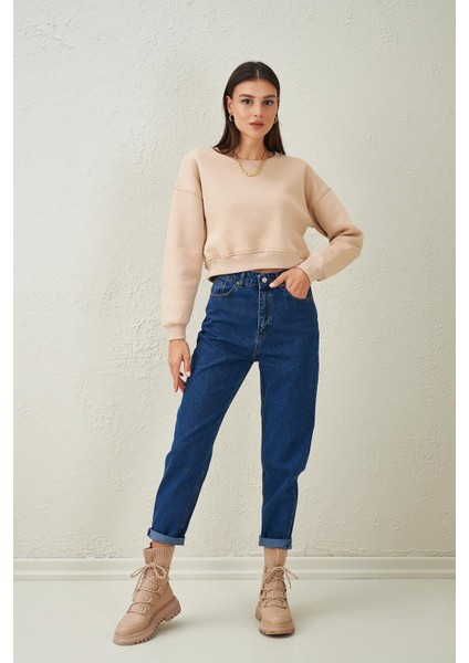 Tena Moda Kadın Taş Bisiklet Yaka Üç Iplik Oversize Crop Sweatshirt